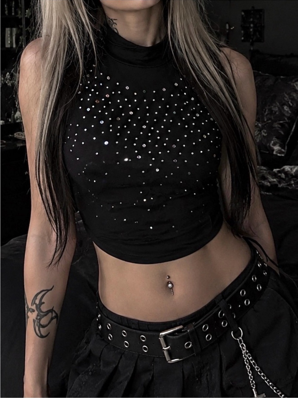 Women’s Sleeveless Mock Neck Top with Crystal Embellishments- Black